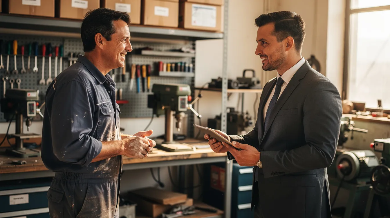 163c478c 2771 4ae6 956f 78db0c6a276c A bank officer is seen visiting a small workshop filled with various tools and machinery, using a tablet to discuss financial assistance options like PM Mudra loans with the owner. The scene highlights the interaction between a lending institution and a micro enterprise, emphasizing the importance of income proof and business information for availing loans.