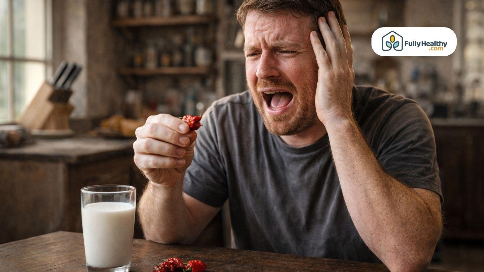 Man reacting to eating extremely hot pepper holding glass of milk