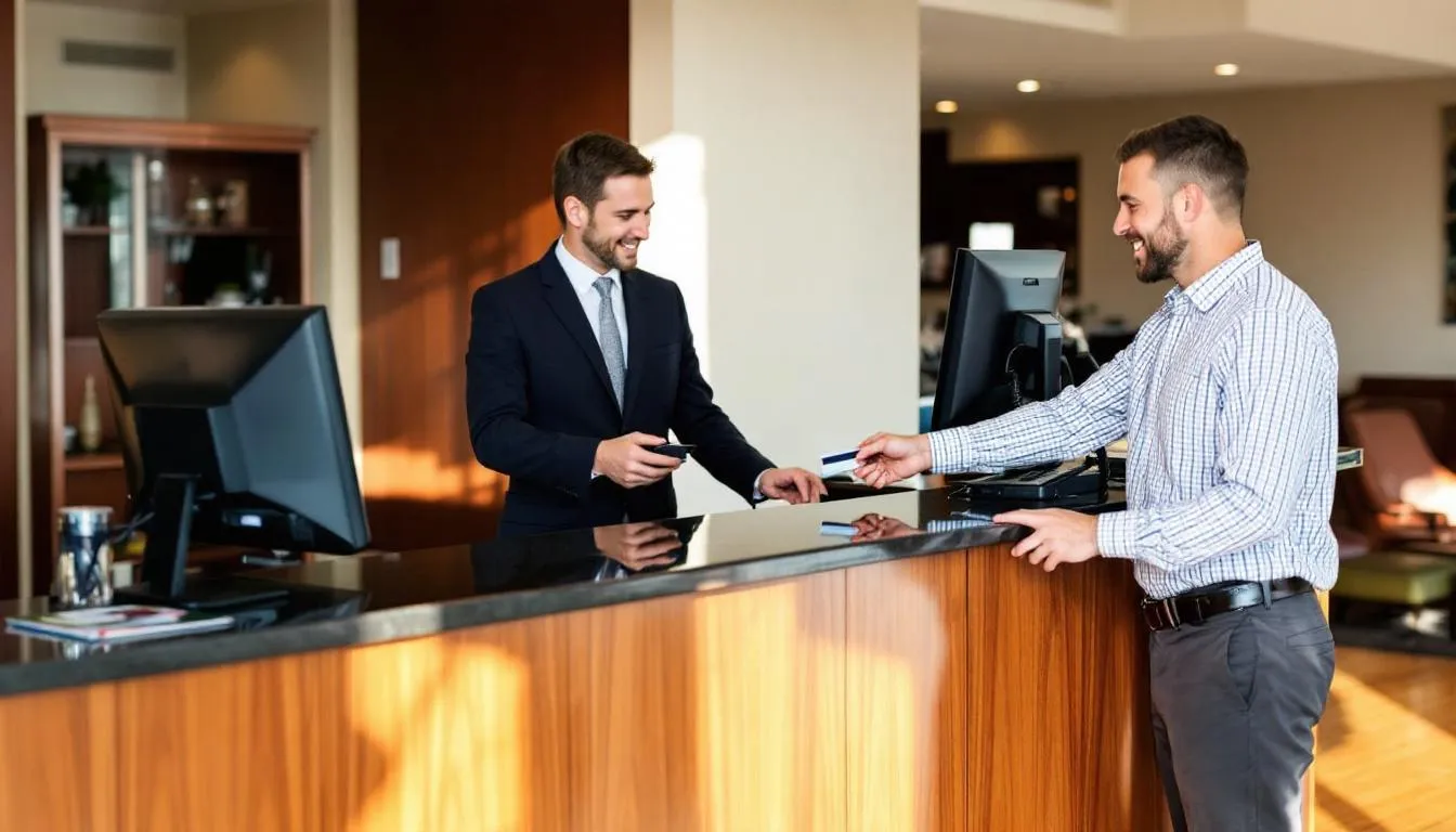 Hotel front desk staff processing incidental deposit authorization for a guest, highlighting the operational role of incidentals management in hospitality.