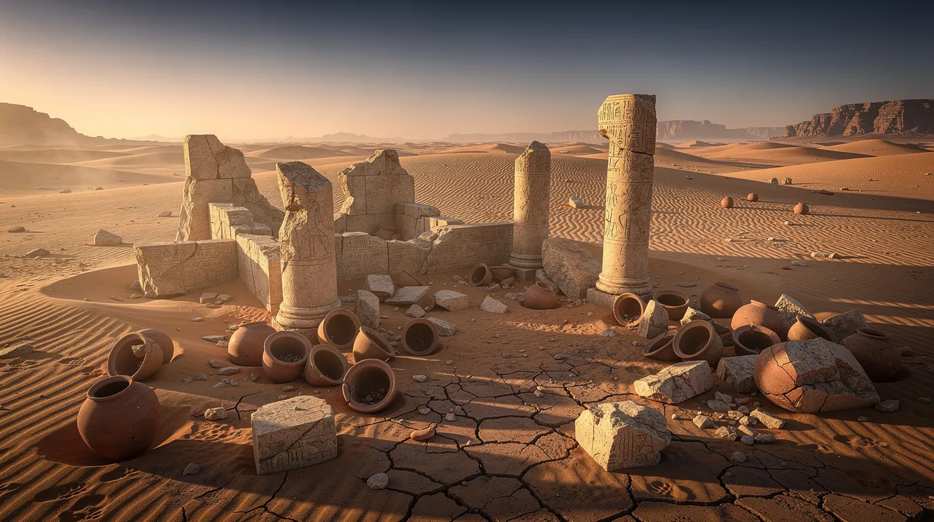 The image depicts an ancient desert landscape featuring weathered stone ruins and scattered pottery fragments, illustrating the remnants of past civilizations. This scene provides a glimpse into the historical context of human life in a specific time period, helping us understand the cultural and societal elements that shaped their world.