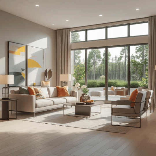 Modern living room with bright natural light, minimalist furniture, and vibrant orange accents, overlooking a scenic outdoor view.