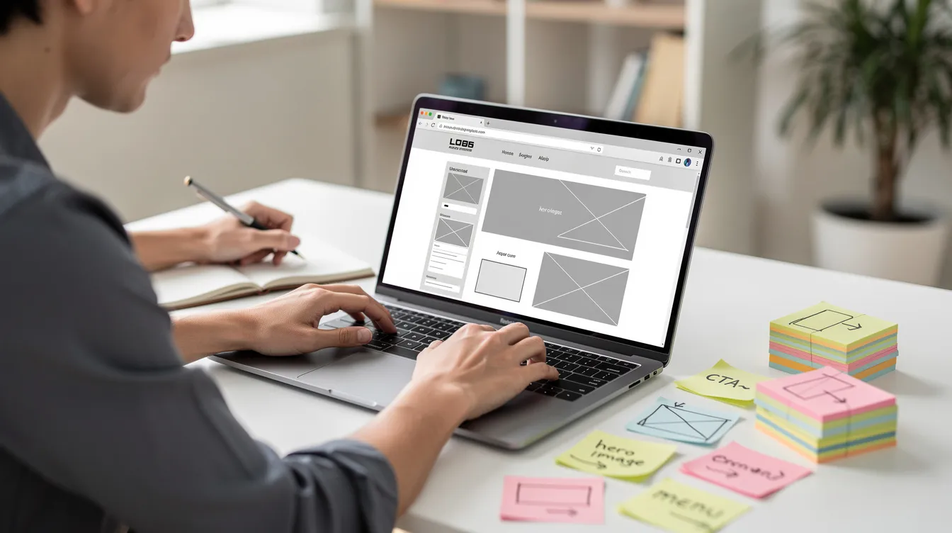 A web designer sits at a desk, intently reviewing website wireframes displayed on their laptop, with colorful sticky notes scattered nearby, indicating their thoughtful process in website development. This scene captures the essence of a small business owner planning their dream website to effectively communicate with potential customers in today's digital landscape.