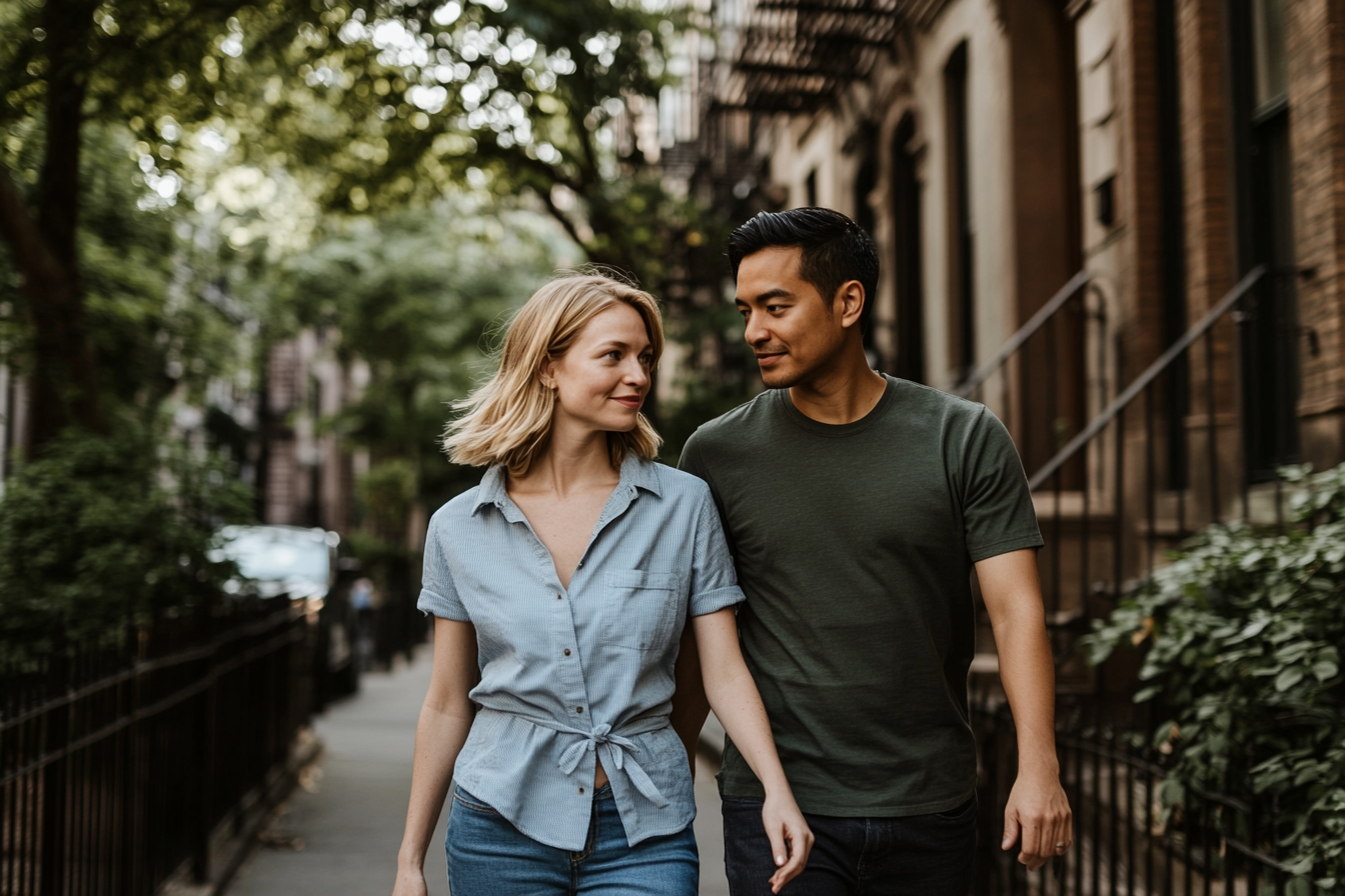 Couple walking together on a Brooklyn brownstone street, reflecting the calm first step of getting started with cognitive behavioral therapy in New York