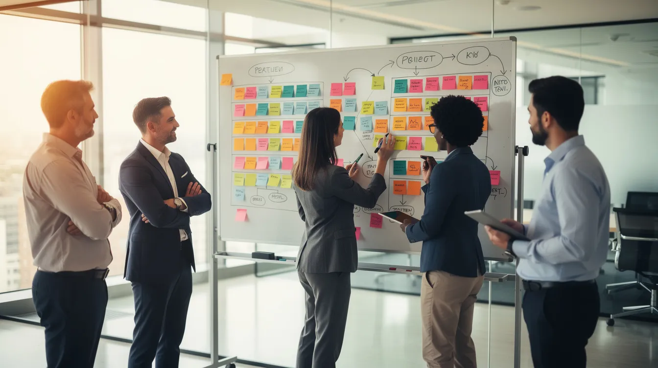 The image depicts a diverse team of professionals collaboratively reviewing a whiteboard filled with colorful sticky notes and detailed workflow diagrams. They are engaged in a discussion about effective email marketing strategies and member engagement, aiming to enhance their association's communications and upcoming events.