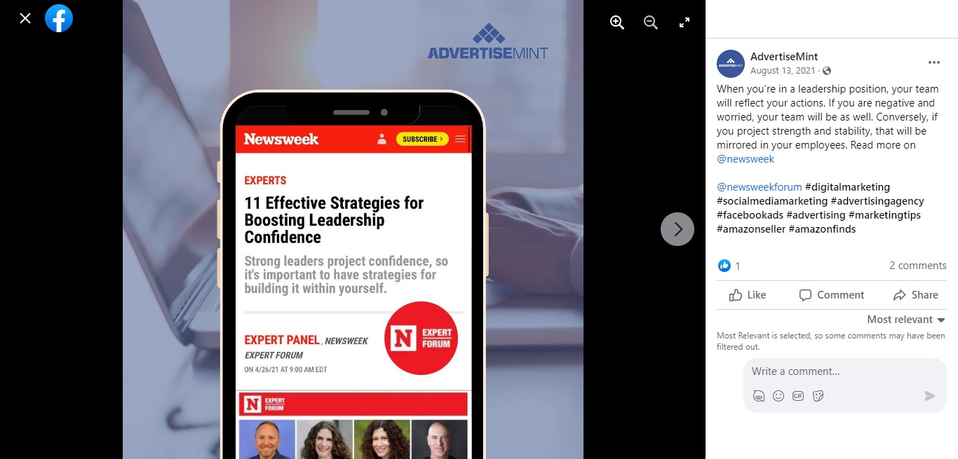 AdvertiseMint incorporates image-based news feed posts into its social media content facebook marketing strategy.