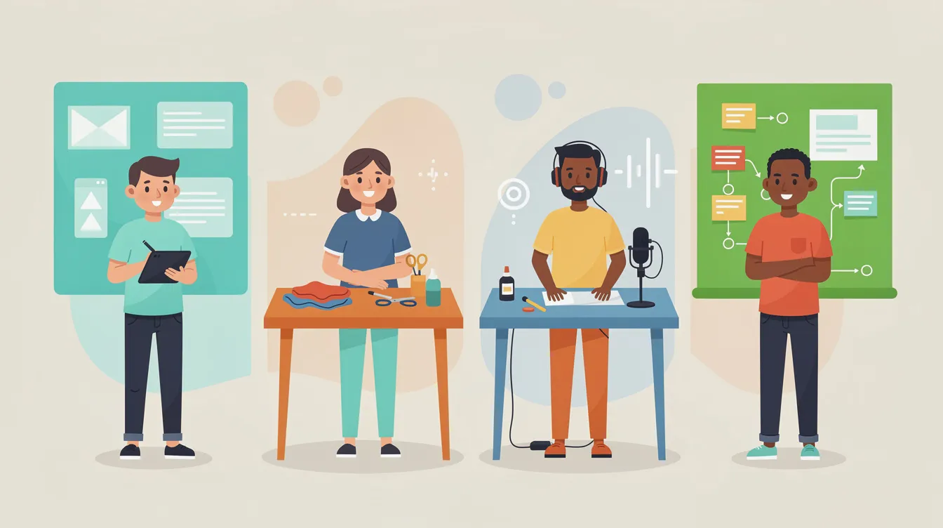 The image features four distinct creator profiles illustrated in a flat style, each standing next to a uniquely colored tool or workspace, symbolizing various community needs and approaches. This representation highlights the diversity of community engagement and the importance of tailored community management tools in building vibrant online communities.