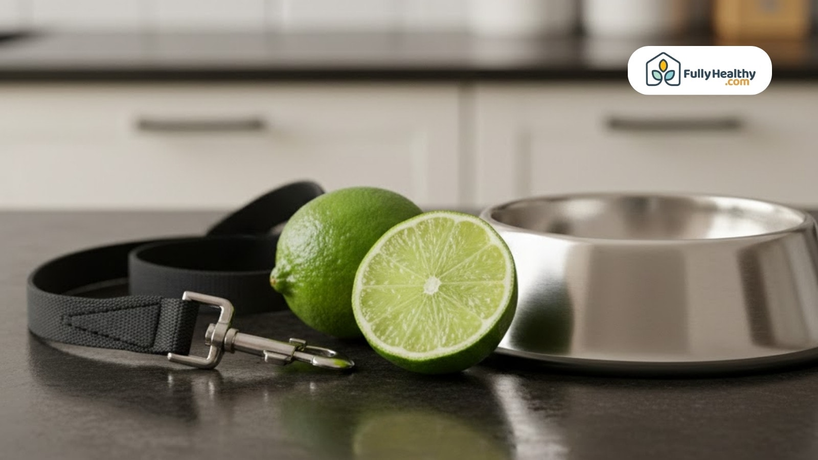 Limes and dog leash beside metal pet bowl on kitchen counter