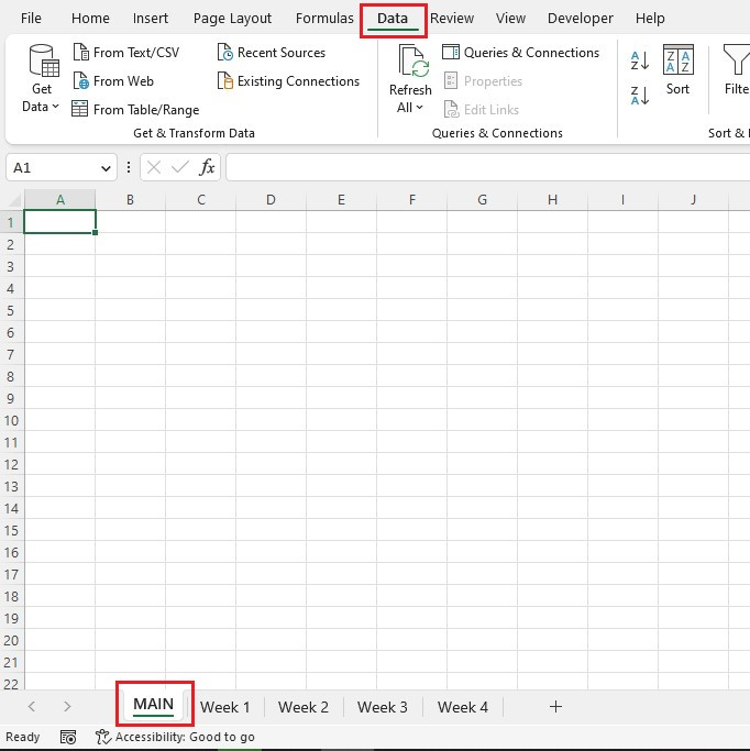Choose any cell with the upper left cell of the merged data in the "MAIN" sheet, then direct to the Data tab.