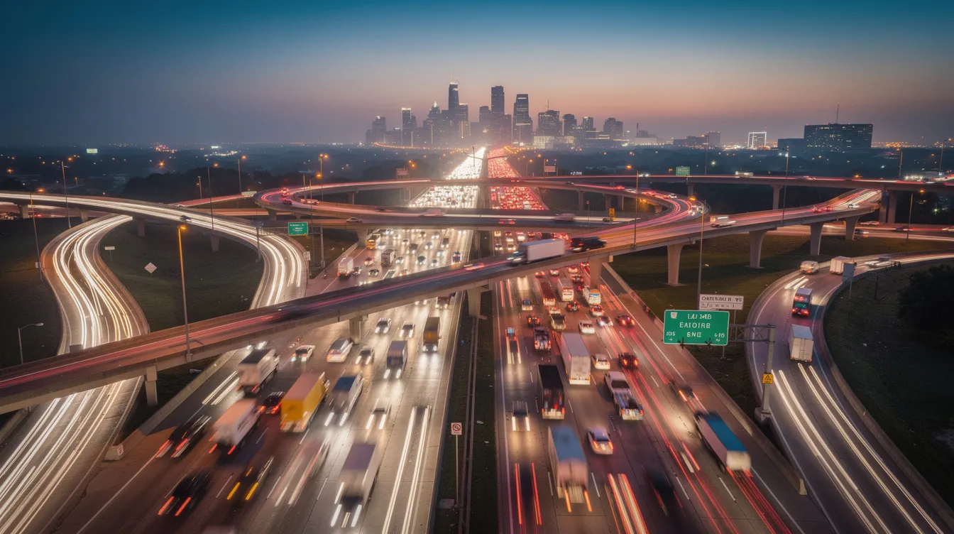 The image depicts a busy Houston freeway interchange at dusk, filled with heavy traffic and numerous delivery vehicles, including Amazon delivery vans, merging onto different lanes. The scene highlights the potential for vehicle accidents and the importance of safety, especially for delivery drivers navigating through congested roads.