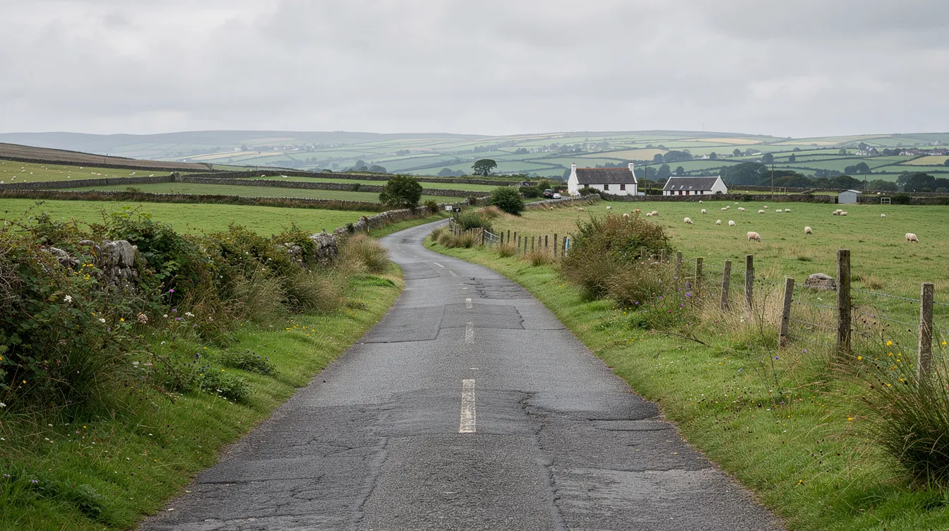 The image depicts a serene rural road flanked by lush green fields, characteristic of the Irish-Northern Irish border countryside. This picturesque scene reflects the tranquil beauty of the region, where Irish citizens and visitors can enjoy the scenic landscape while planning their travel across the common travel area.