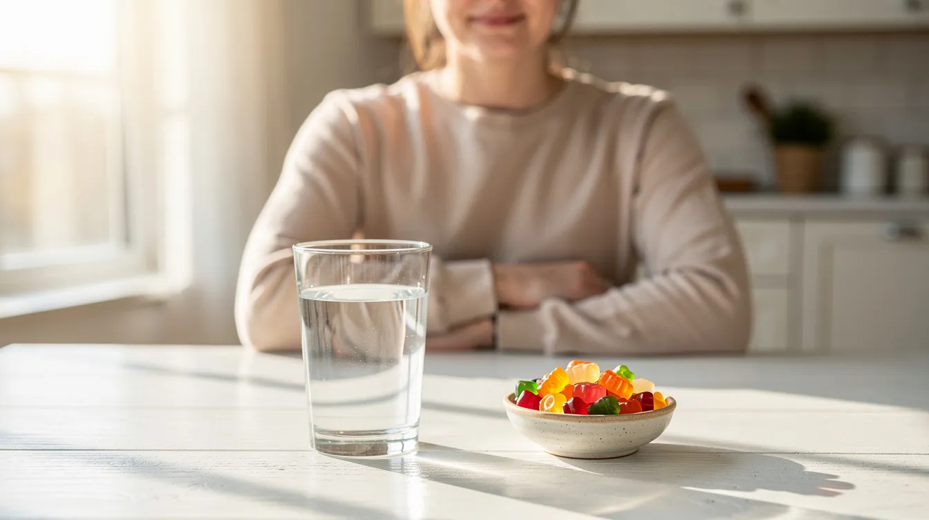 A person is seated at a bright kitchen table in the morning, enjoying a glass of water alongside a small bowl of mushroom gummies, which are known for their potential benefits like a natural energy boost and improved focus. The scene conveys a sense of wellness and health, perfect for those looking to enhance their mood and support their immune function.