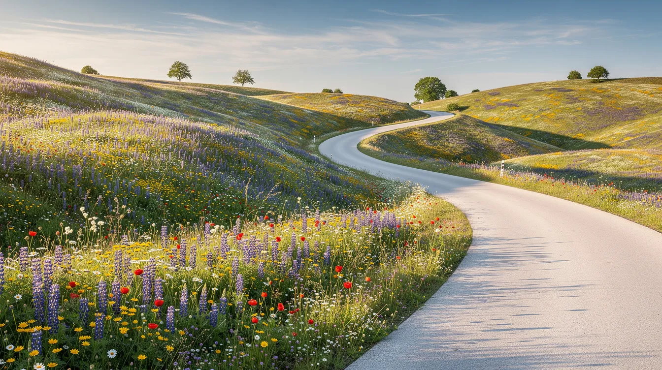 A picturesque rolling hillside is adorned with vibrant spring wildflowers, while a winding road meanders through this blooming landscape, inviting road trippers to explore scenic routes during their spring break road trip. The mild spring weather enhances the beauty of this outdoor adventure destination.
