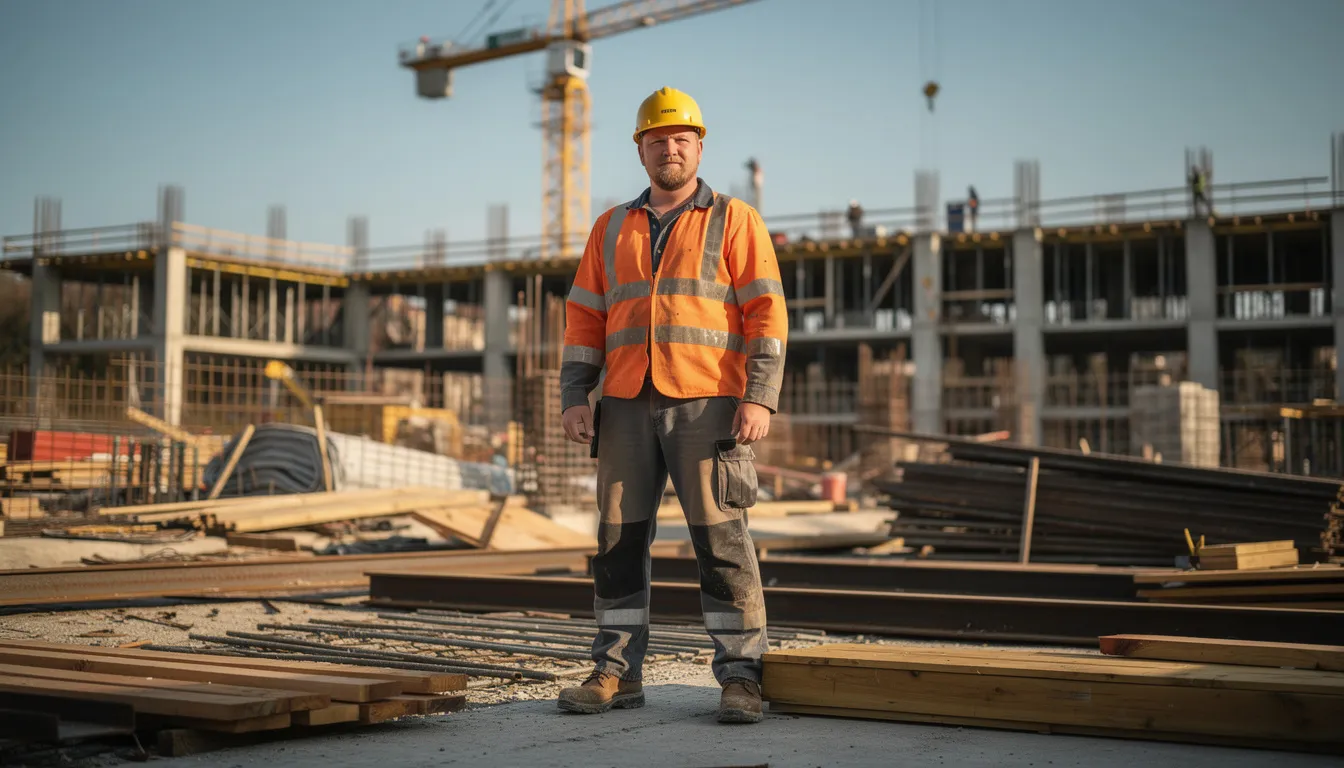 The image shows a construction worker wearing a hard hat and a bright safety vest on a job site, emphasizing the importance of safety in the workplace. This scene highlights the role of experienced workers compensation attorneys who assist injured workers in navigating workers compensation claims, ensuring they receive the necessary medical and disability benefits.