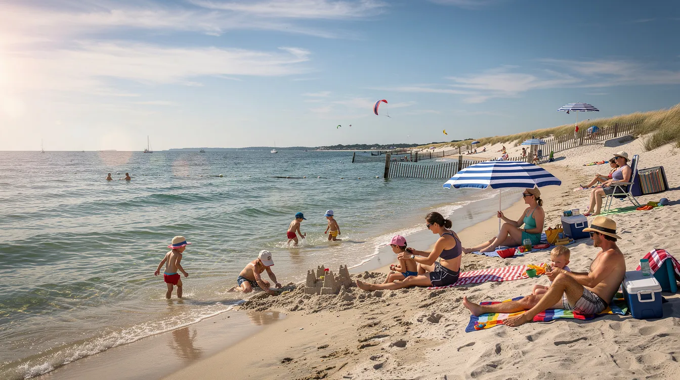 Families are enjoying a sunny day at a picturesque beach along the Connecticut shoreline, surrounded by calm waters and sand dunes. This charming coastal town offers beautiful beaches and recreational activities, making it an ideal spot for families to relax and have fun.