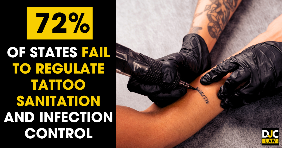  A person displays a tattoo on their arm featuring the text about states failing to regulate tattoo sanitation and infection control.