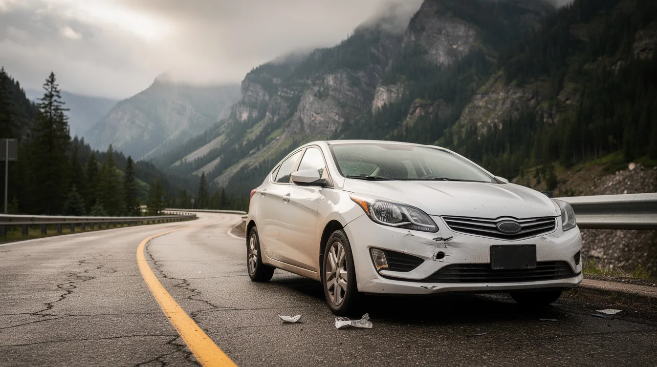 A rental car is parked by a mountain road, showing signs of a minor collision with some damage visible on the side. This scene highlights the potential risks of rental car accidents in Colorado, emphasizing the importance of understanding rental car insurance and liability coverage.