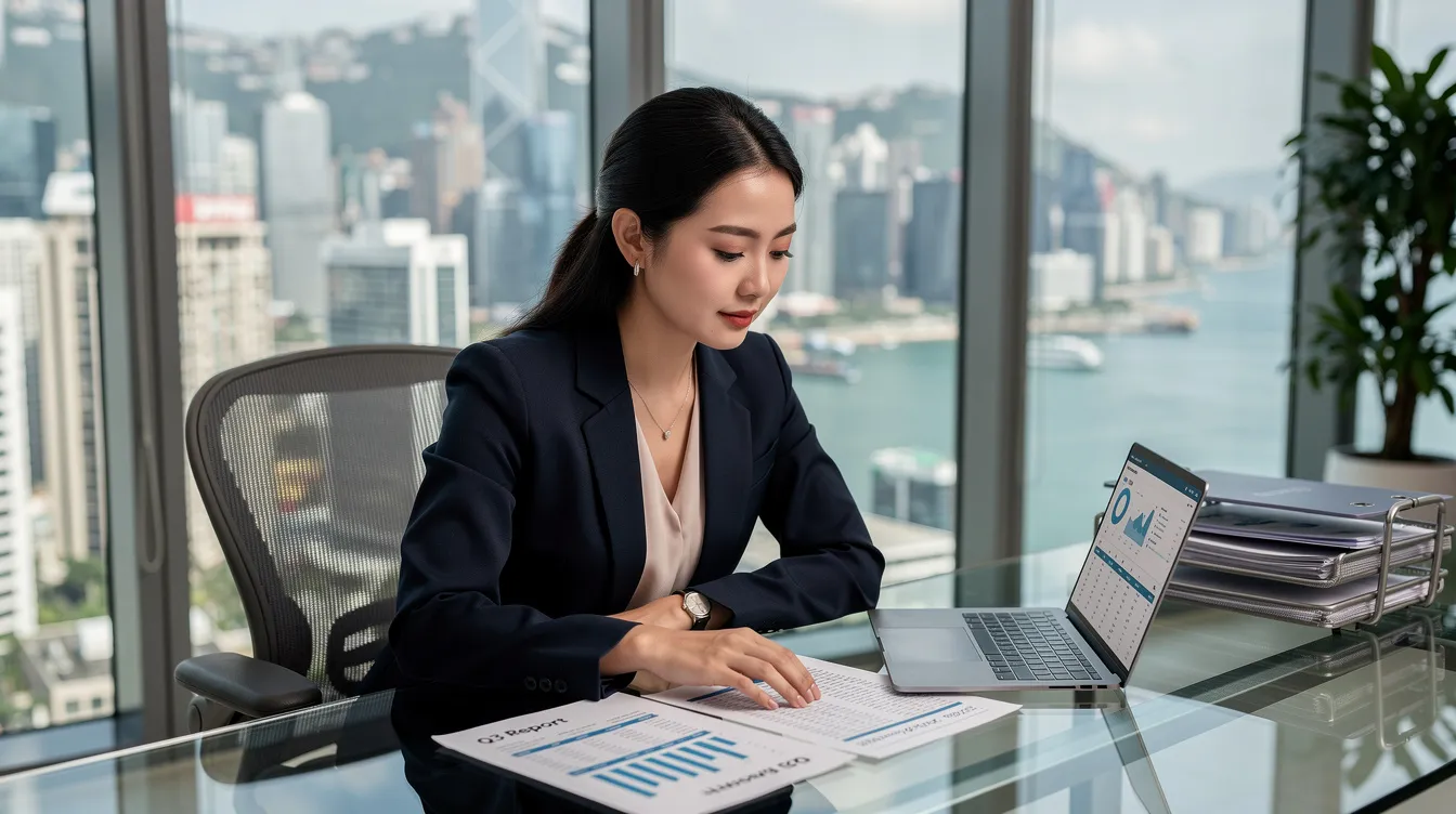 A professional woman is sitting at a sleek desk in a modern Hong Kong office, intently reviewing financial documents on her laptop. The scene conveys a sense of focus and professionalism, highlighting the importance of financial planning and loan applications for 公務員 and other professionals.