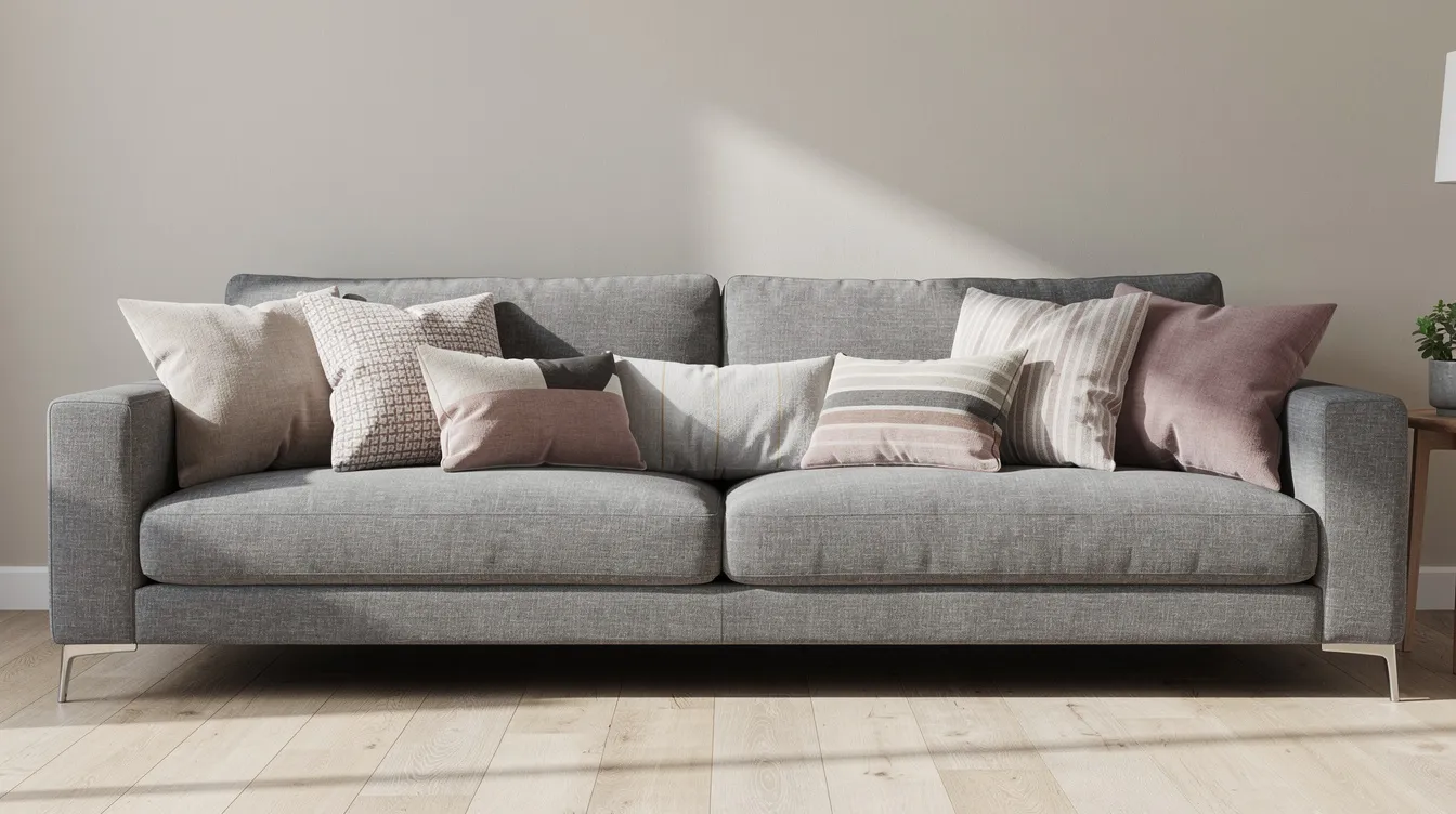 En grå soffa pryds av en mix av enfärgade och mönstrade kuddar i olika storlekar och material, vilket skapar en harmonisk och modern känsla i vardagsrummet. Kuddarna, med nyanser av beige och mörkgrått, ger en snygg kontrast och möjligheten att kombinera olika stilar.