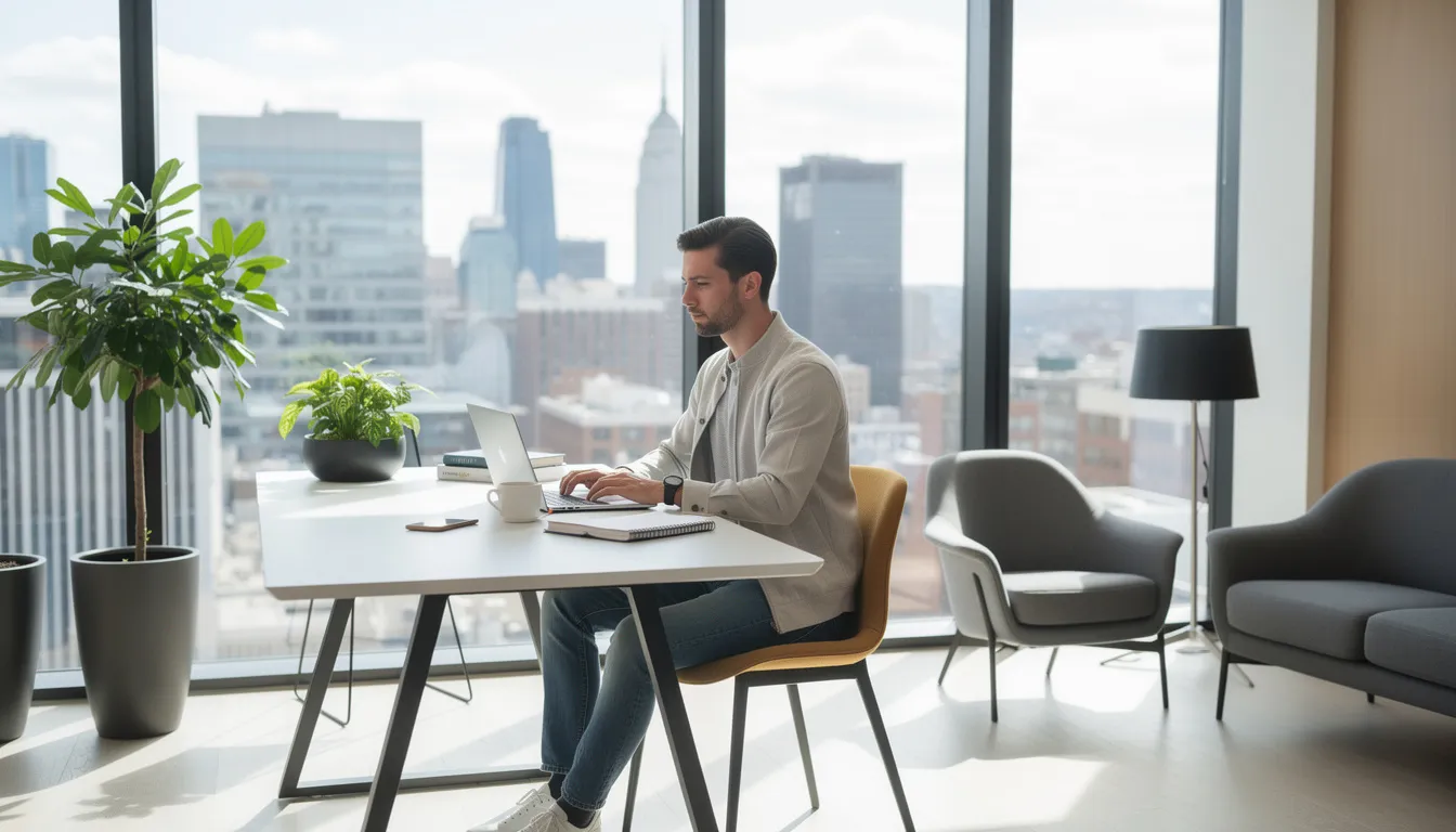 Imagen de un emprendedor trabajando remotamente en una oficina moderna, utilizando una laptop. En el fondo se pueden ver estanterías con libros y una decoración minimalista, reflejando un ambiente ideal para desarrollar un negocio, como abrir una LLC en Estados Unidos.