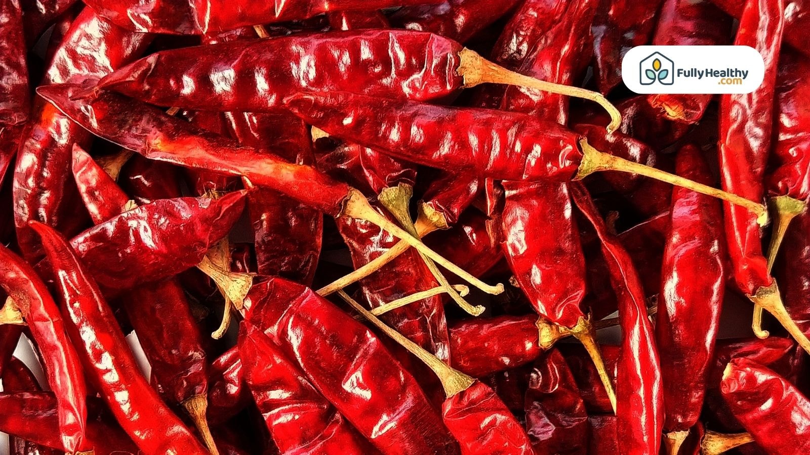 Pile of dried red chili peppers with glossy texture and stems