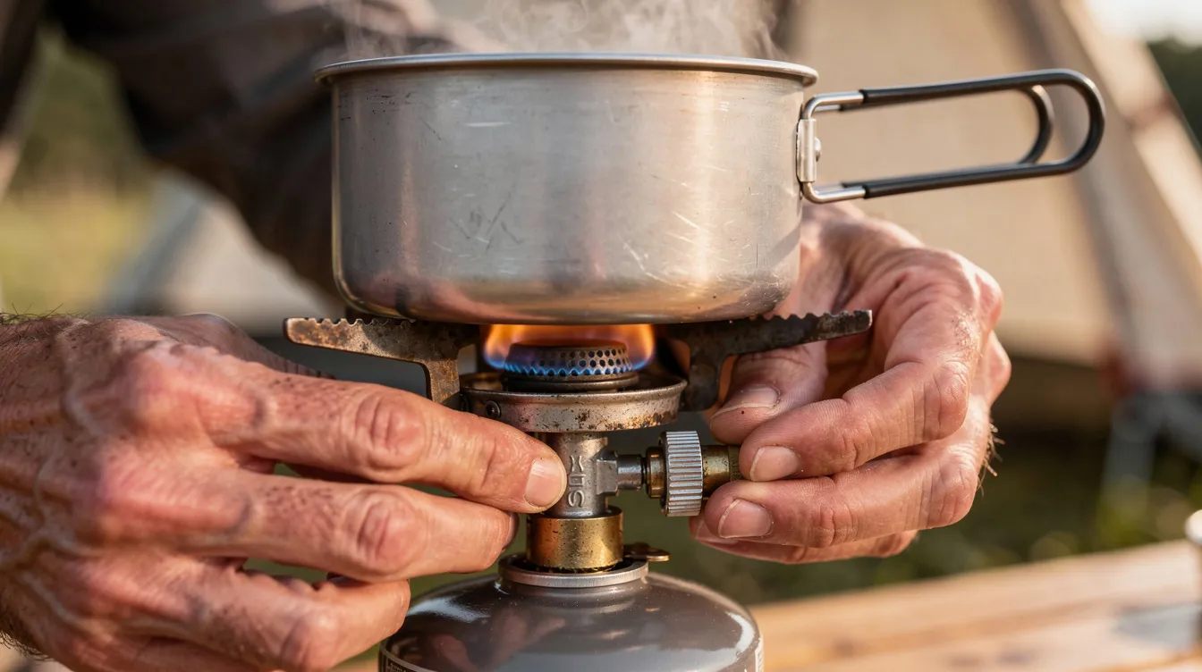 A close-up view of hands adjusting the flame control valve on a portable camp stove, with cookware including pans and pots placed on top, highlighting the ease of outdoor cooking. The sleek design and compact size make it ideal for camping and backpacking adventures.