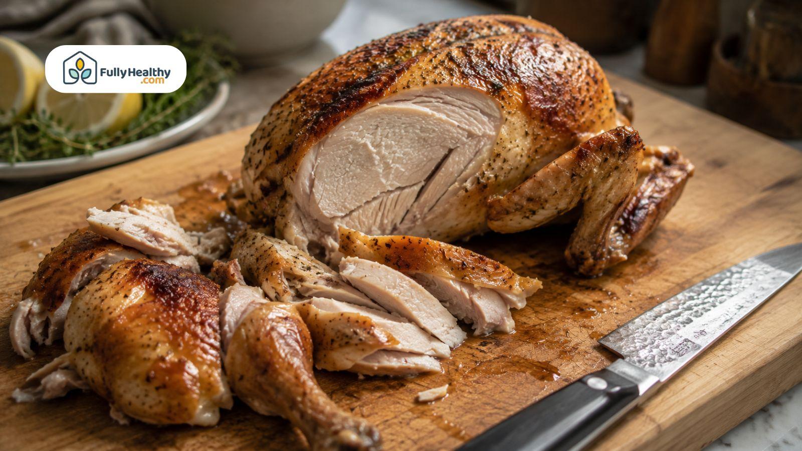 Partially carved roasted kosher chicken resting on a wooden cutting board after cooking.