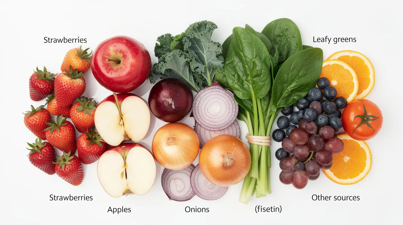 The image features a vibrant assortment of strawberries, onions, apples, and other colorful fruits and vegetables, highlighting their role as natural sources of quercetin and fisetin, which may support healthy aging and contribute to cellular health by helping to eliminate senescent cells. These plant-based compounds are linked to various health benefits, including potential protection against age-related diseases and support for the immune system.