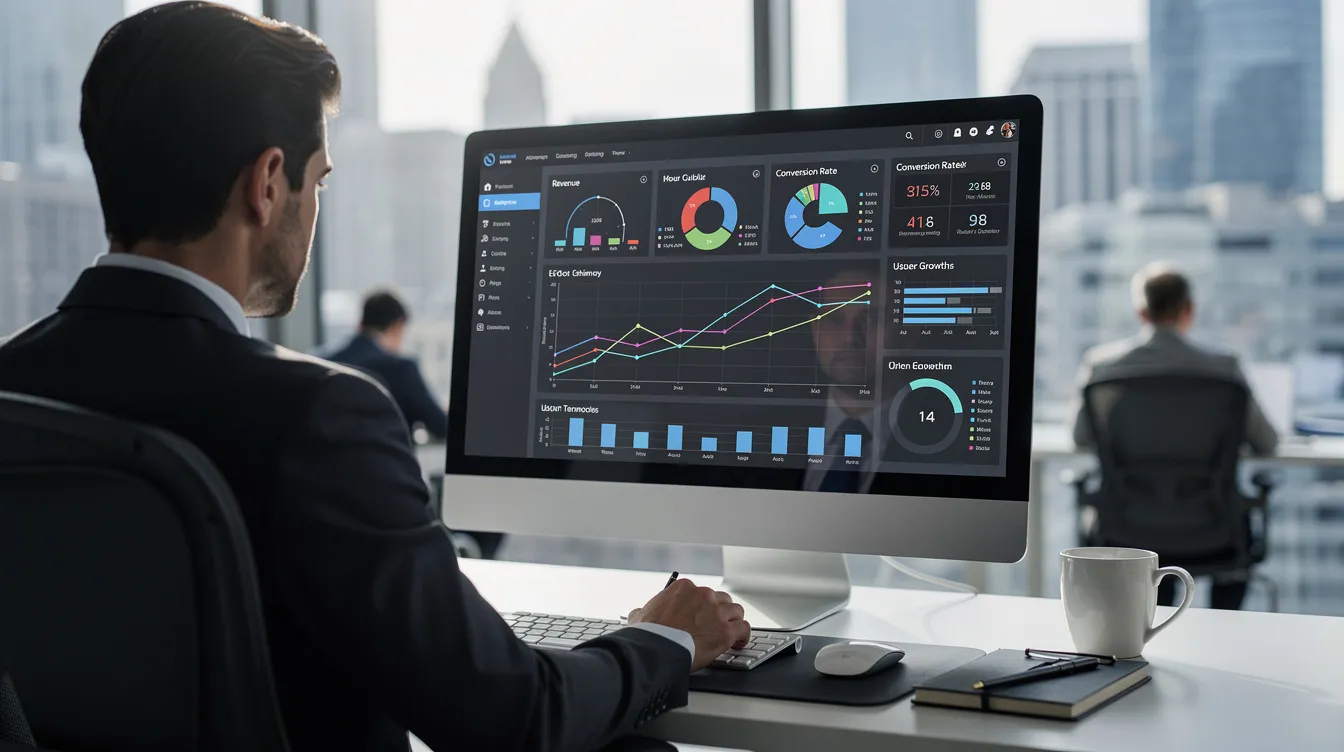 A professional is focused on reviewing an analytics dashboard displayed on a computer monitor in a modern office setting, analyzing user behavior and search patterns related to Google search and autocomplete predictions. The dashboard features various metrics that inform their SEO strategy and keyword research.