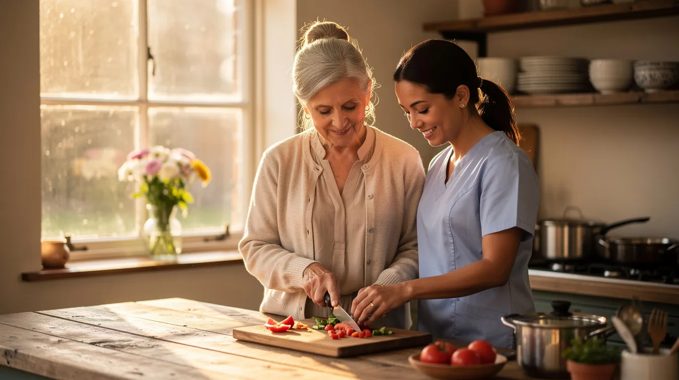 In a warm, sunlit kitchen, a caregiver and an elderly woman are joyfully preparing a simple meal together, showcasing the essence of family caregiver support and the importance of companionship in caregiving responsibilities. This scene highlights the connection between caregivers and older adults, emphasizing the value of shared moments and assistance in daily activities.