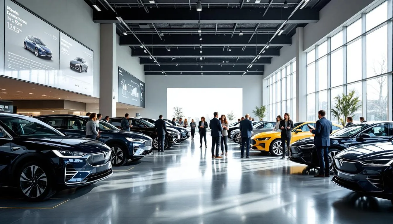 The image depicts a modern car dealership showroom bustling with customers browsing various vehicles, complemented by digital displays showcasing automotive services and marketing campaigns. This vibrant setting highlights the importance of a strong digital presence in the automotive industry to attract potential customers and enhance their shopping experience.