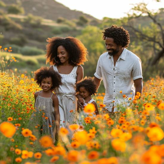 African family in beautiful field of orange flowers, smiling and healthy