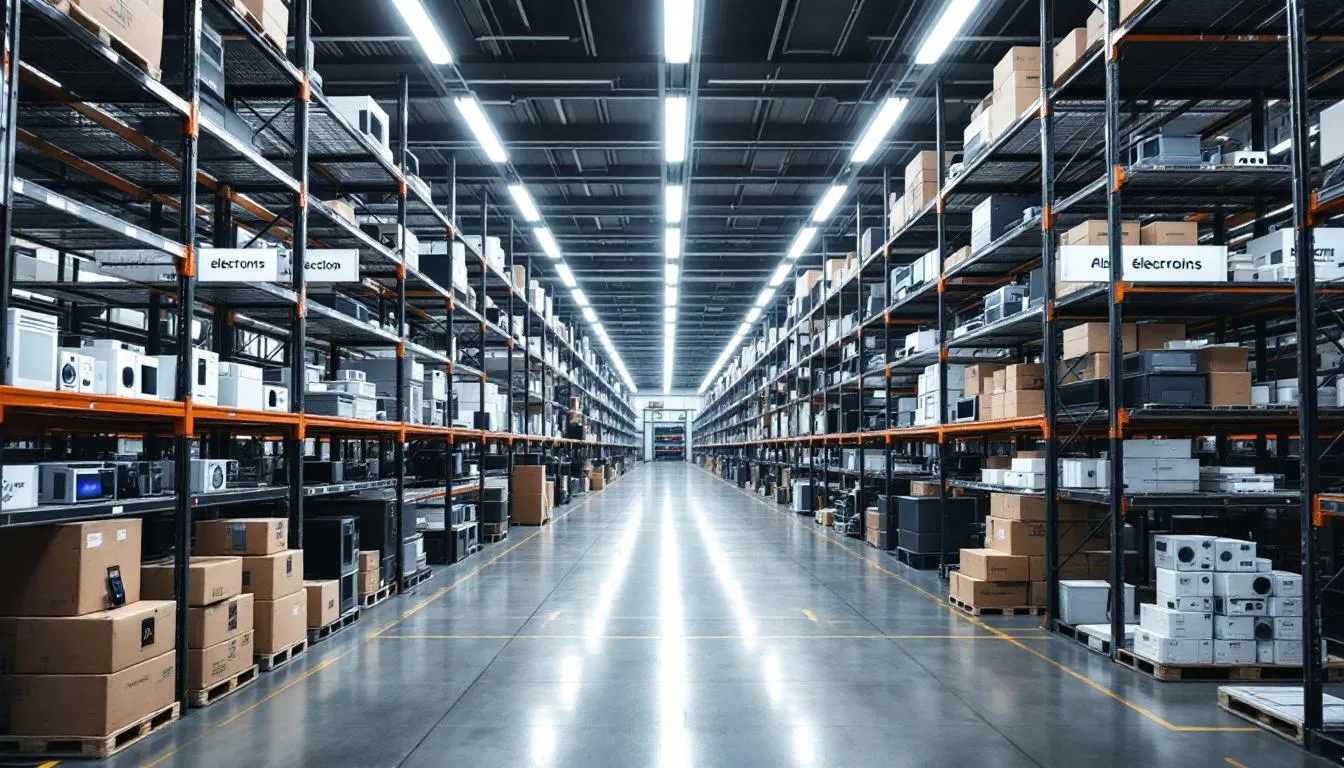 The image depicts a modern electronics warehouse featuring neatly organized shelving filled with various gadgets and devices, showcasing a wide range of products ideal for dropshipping businesses. This setup highlights the efficient inventory management crucial for online stores and dropshipping suppliers looking to provide quality products to UK customers.