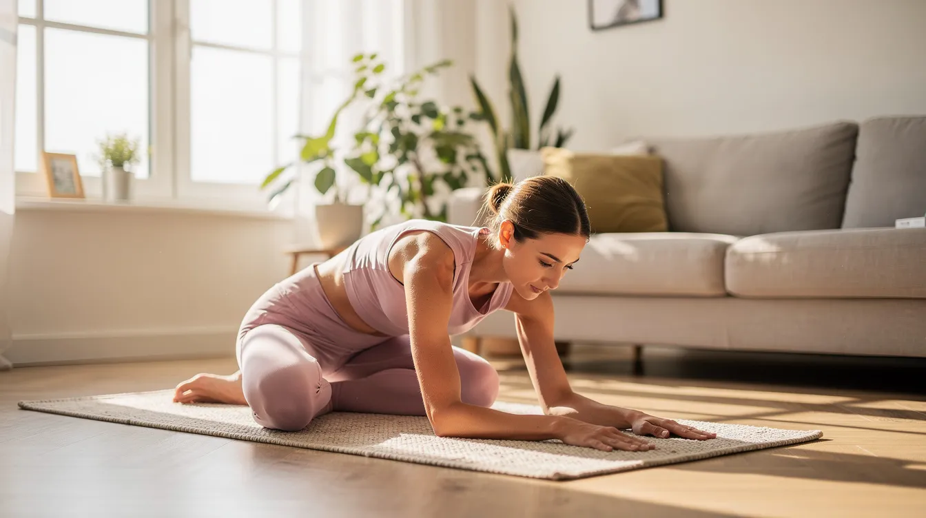Une femme pratique une posture de yoga douce sur un tapis dans un salon lumineux, cherchant à soulager les douleurs menstruelles et à favoriser son bien-être pendant ses règles. L'ambiance apaisante du lieu contribue à son confort et à sa relaxation.
