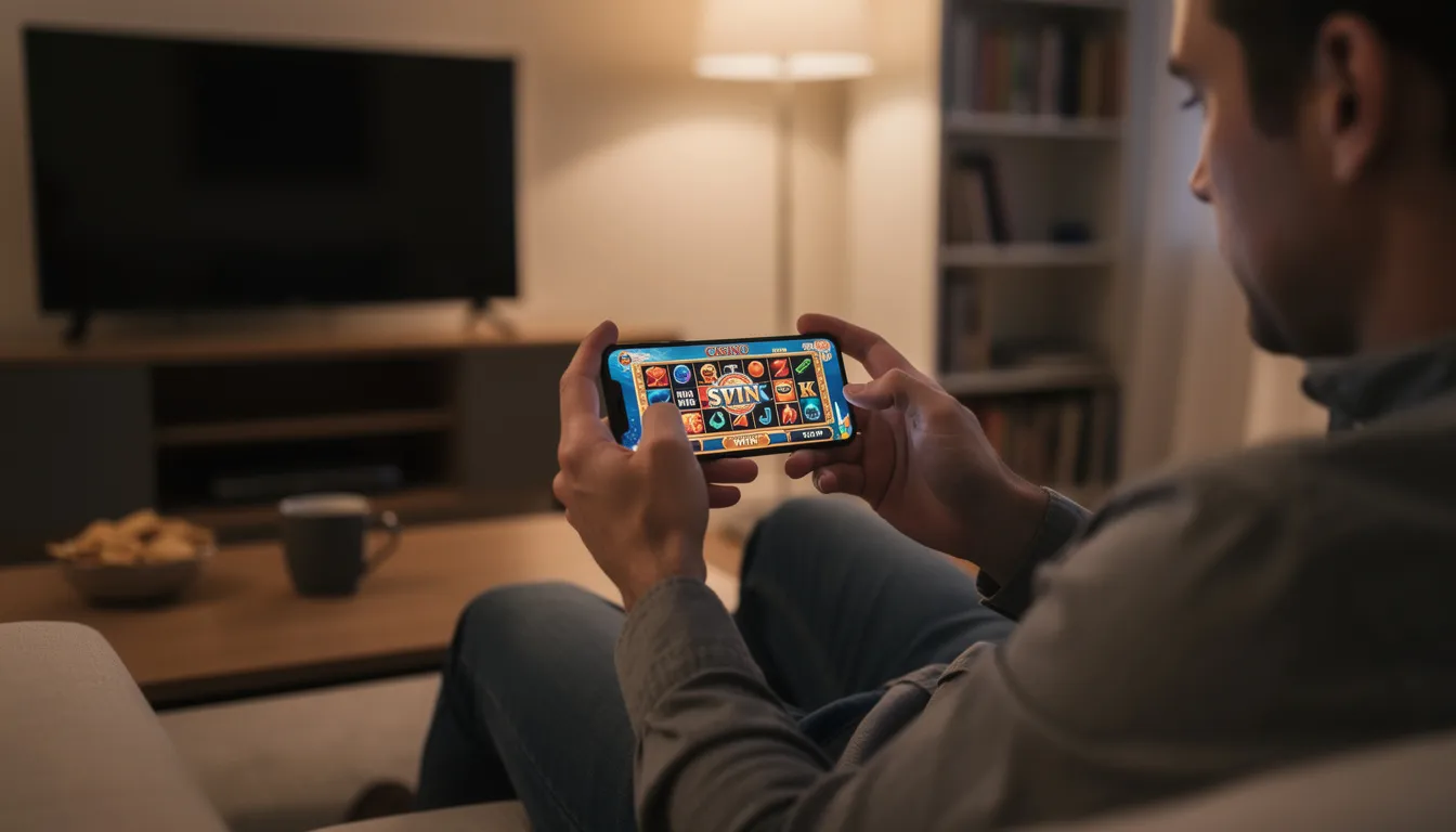 En person sitter i sitt hem och spelar casino på sin smartphone, med fokus på att njuta av olika spel som roulette och blackjack. Denna online spelupplevelse erbjuder möjligheten till snabba uttag och bonusar, som free spins, dygnet runt.