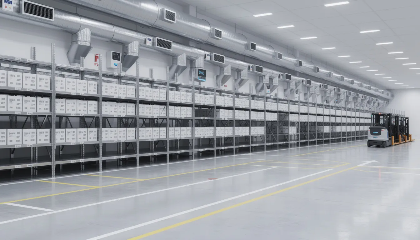 The image depicts a modern warehouse interior featuring organized storage units and advanced climate control systems, emphasizing efficient storage solutions for international moving services. This environment ensures that personal belongings are kept secure and in optimal condition during the relocation process.