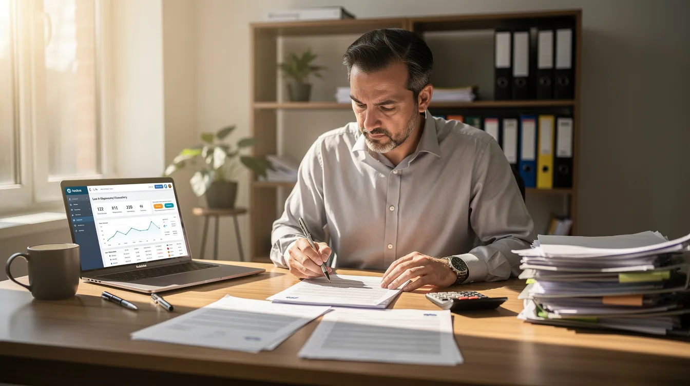 1666dafa a3d0 4153 a33c 2e49015b4c2e A small business owner is seated at a desk, reviewing loan documents with a laptop and a calculator nearby. The scene reflects the critical process of preparing a mudra loan application, emphasizing the importance of a clear business plan and financial documents for loan approval.