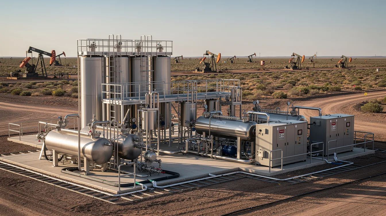 The image depicts industrial water treatment and recycling equipment situated at an oil field facility within a vast, flat basin. This setup is essential for managing produced water and ensuring compliance with environmental regulations in the oil and gas industry.