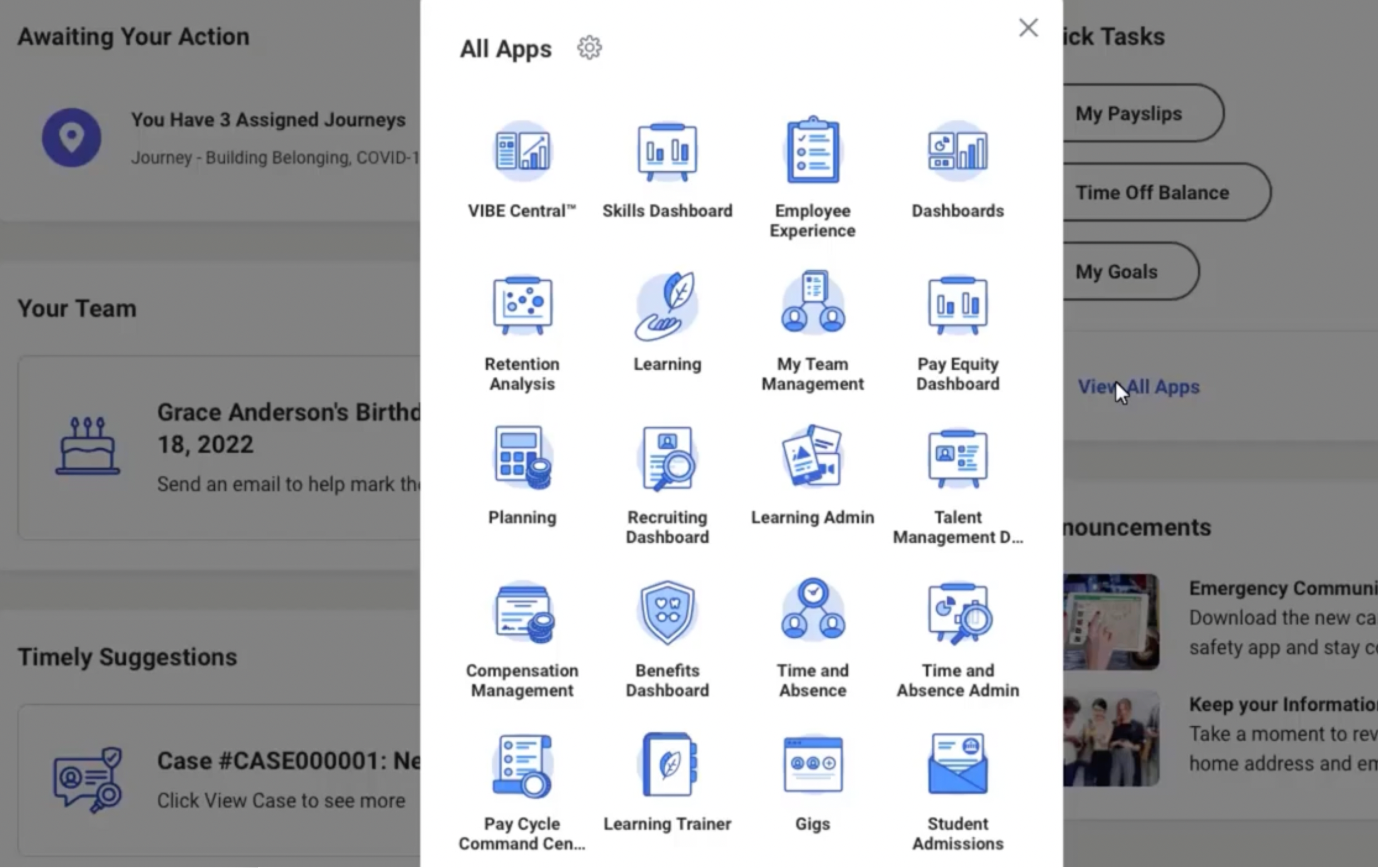 List view of Workday apps
