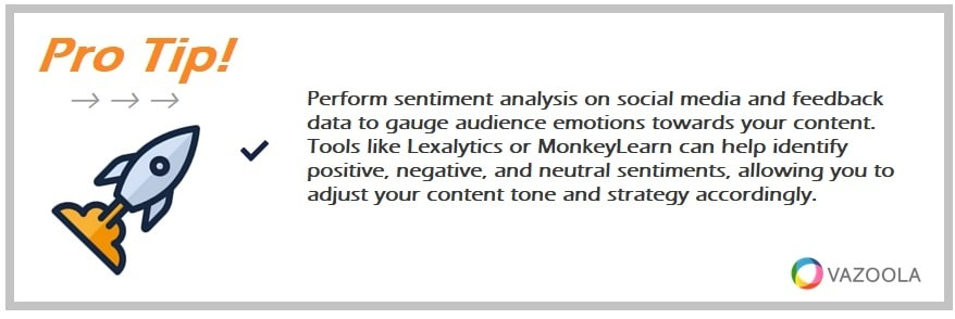 Perform sentiment analysis on social media and feedback data to gauge audience emotions towards your content. Tools like Lexalytics or MonkeyLearn can help identify positive, negative, and neutral sentiments, allowing you to adjust your content tone and strategy accordingly.