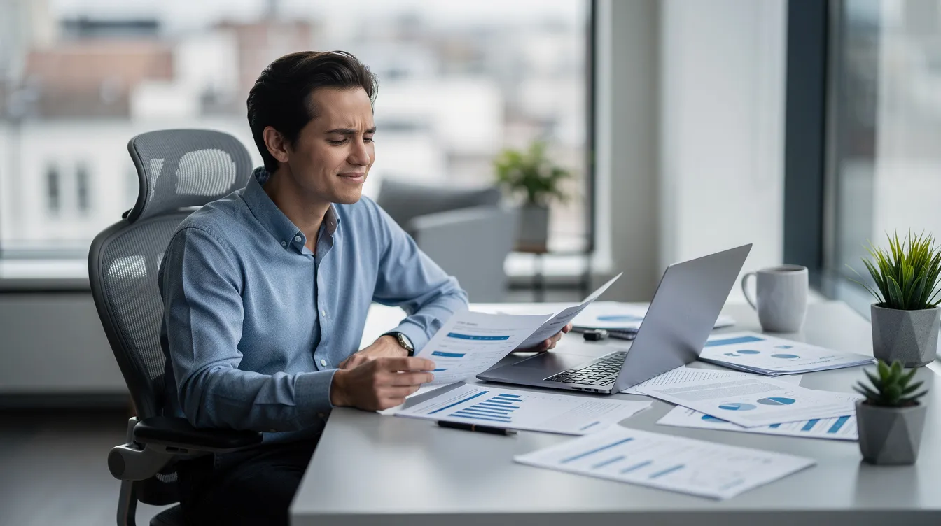 A person sits at a desk with a laptop, looking relieved as they review financial documents, possibly related to their bankruptcy case. The scene suggests they are navigating the bankruptcy process, which may include filing a bankruptcy petition and exploring debt relief options to manage their credit card debt and medical bills.