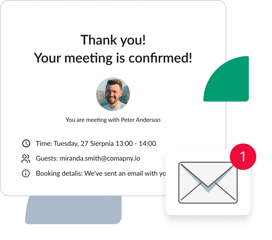 A pop-up confirmation window displaying meeting details after successful booking