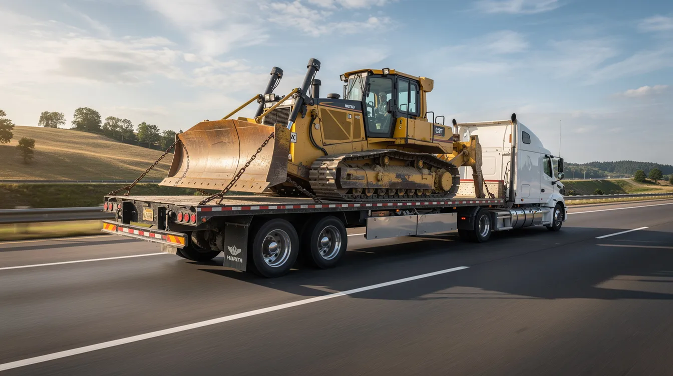 A step deck trailer is transporting a yellow construction dozer on a highway, showcasing the process of heavy equipment transport. The dozer, a piece of heavy machinery, is securely loaded, highlighting the use of specialized trailers for hauling large equipment safely.