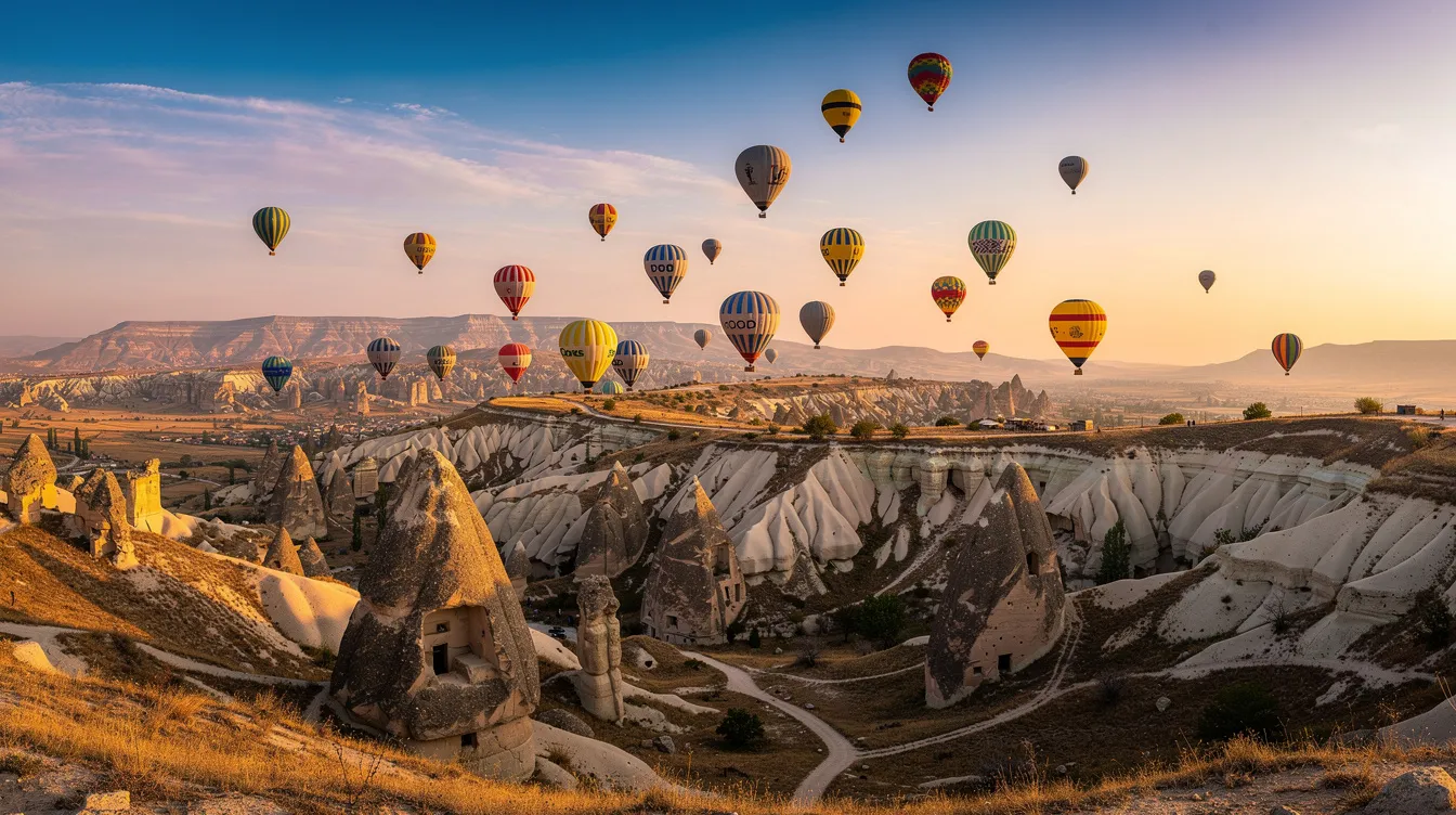 A breathtaking panoramic view of Cappadocia at sunrise, featuring vibrant hot air balloons soaring above unique fairy chimney rock formations. This picturesque scene captures the essence of Turkey, perfect for travelers looking to explore and stay connected with a local SIM card for mobile data.