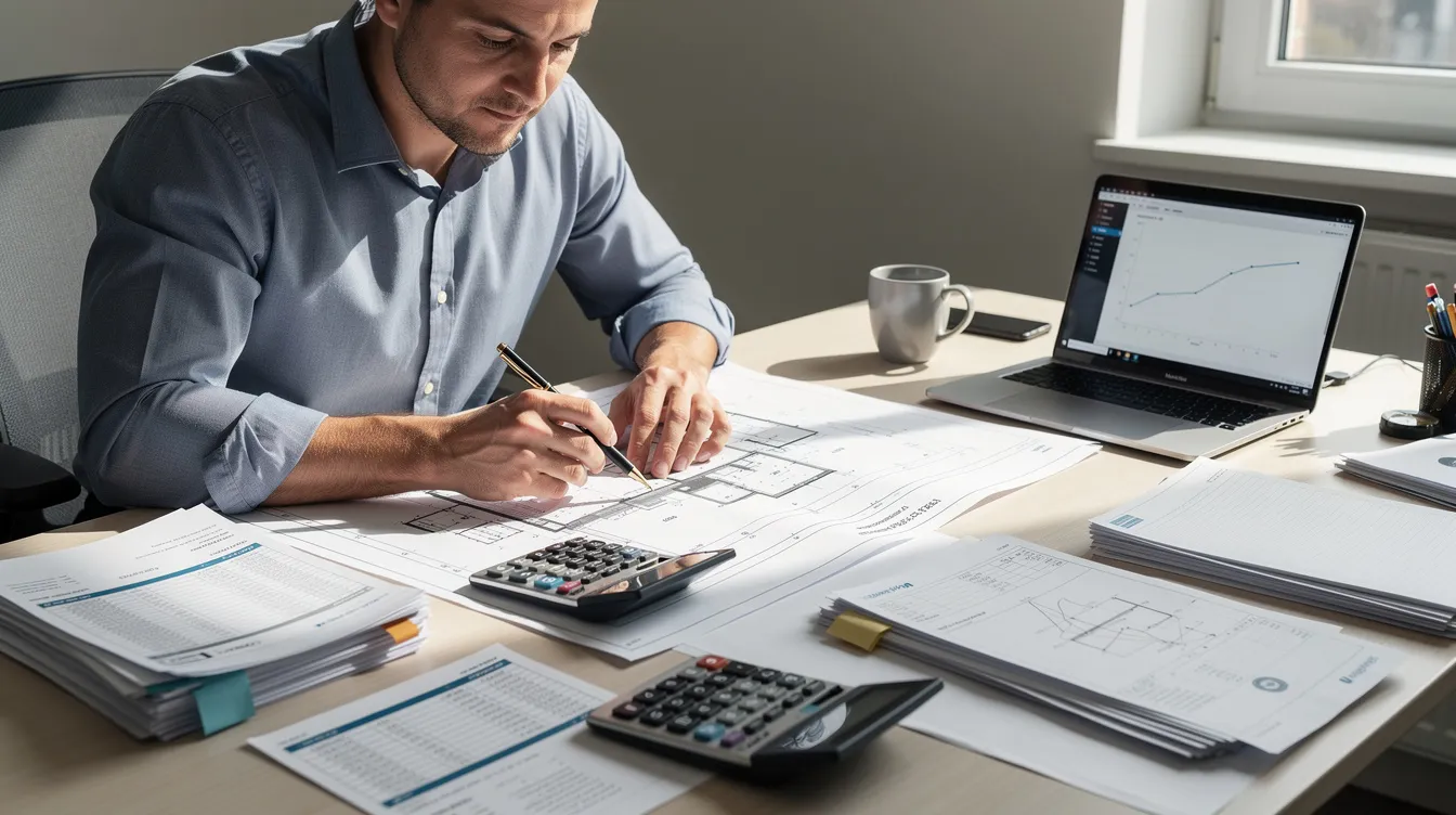 A person is intently studying blueprints and financial documents at a desk, equipped with a calculator. The scene suggests a focus on planning for home renovations or evaluating a home equity line of credit, with various papers indicating calculations related to interest rates and closing costs.