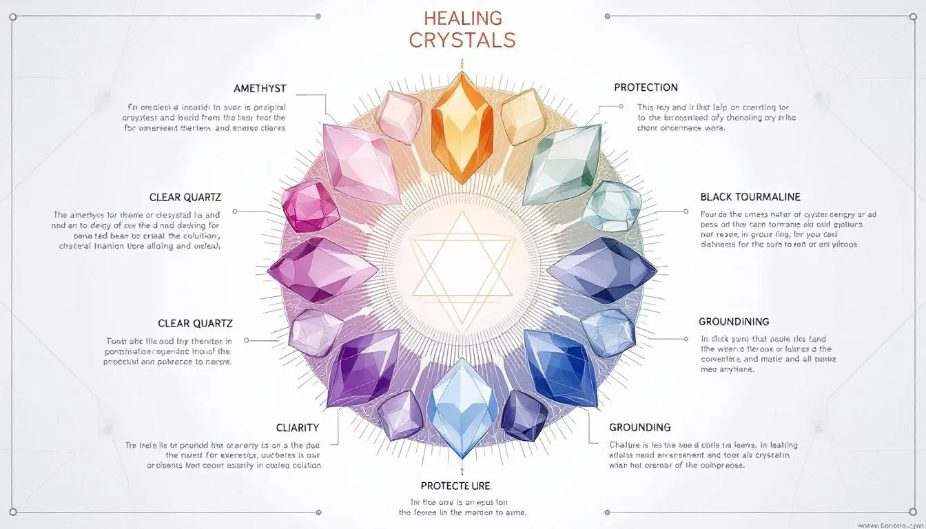 The image depicts various healing crystals, including amethyst, tiger's eye, and black tourmaline, arranged to showcase their protective properties against negative energies. These powerful stones are often used as protective amulets, believed to absorb negative energy and create a protective shield for spiritual growth and well-being.