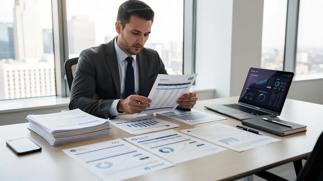 A business owner is seated at a modern office desk, meticulously reviewing financial statements and bank documents, likely related to small business financing options such as 中小企融資 and 中小企業貸款. The organized workspace reflects a professional atmosphere, essential for making informed decisions about potential loan applications and funding plans.