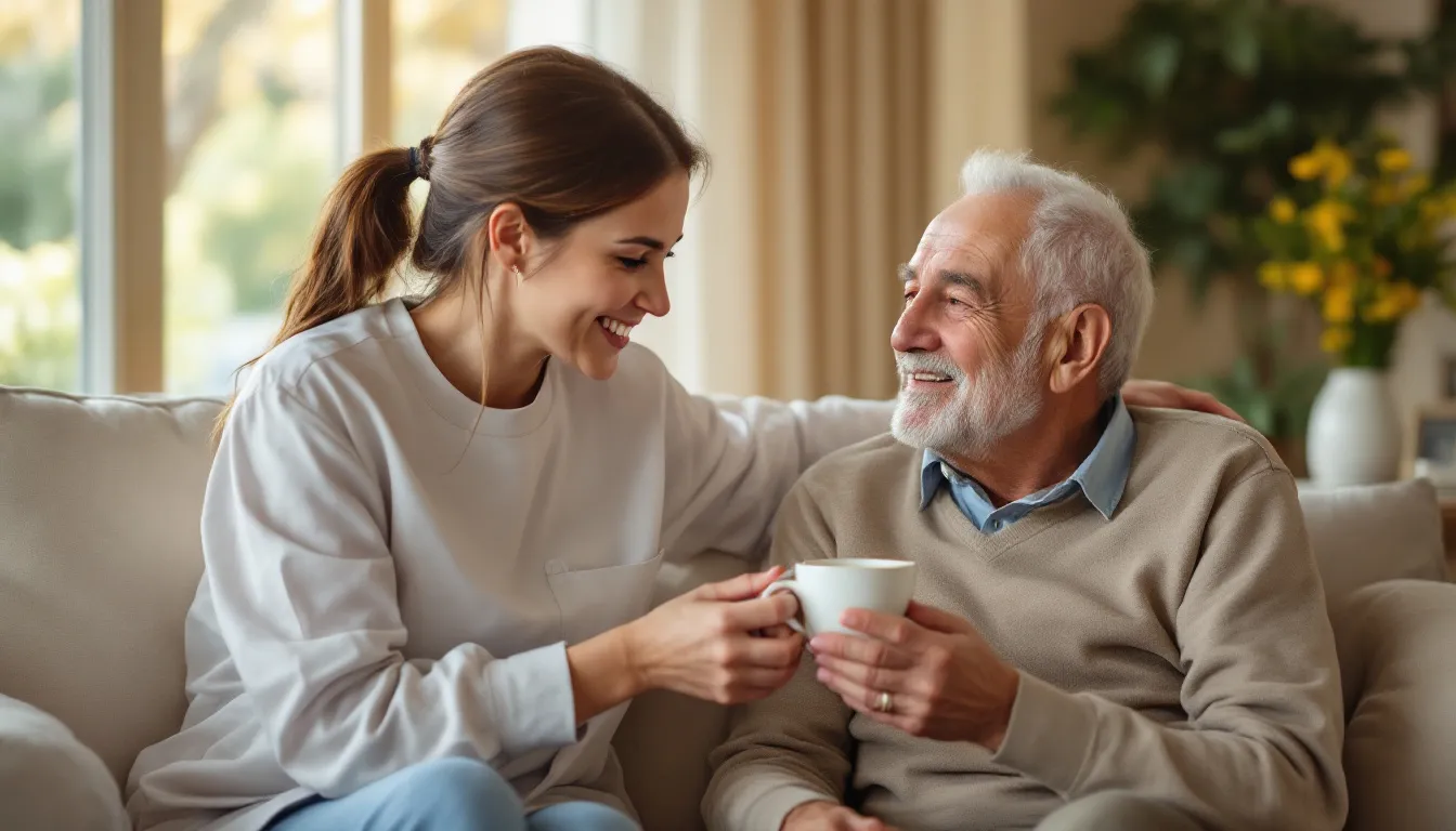 A compassionate caregiver assisting a senior in their own home in Houston.