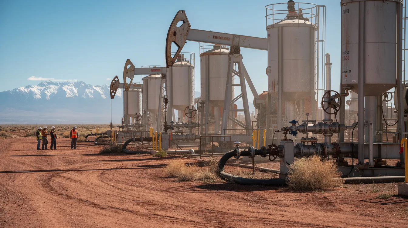 The image depicts heavy industrial equipment operating at a Colorado oil and gas field, with several workers in the background engaged in various tasks. This scene highlights the potential for work-related injuries and the importance of understanding Colorado's workers compensation system, especially regarding claims related to occupational hearing loss and other disabilities.