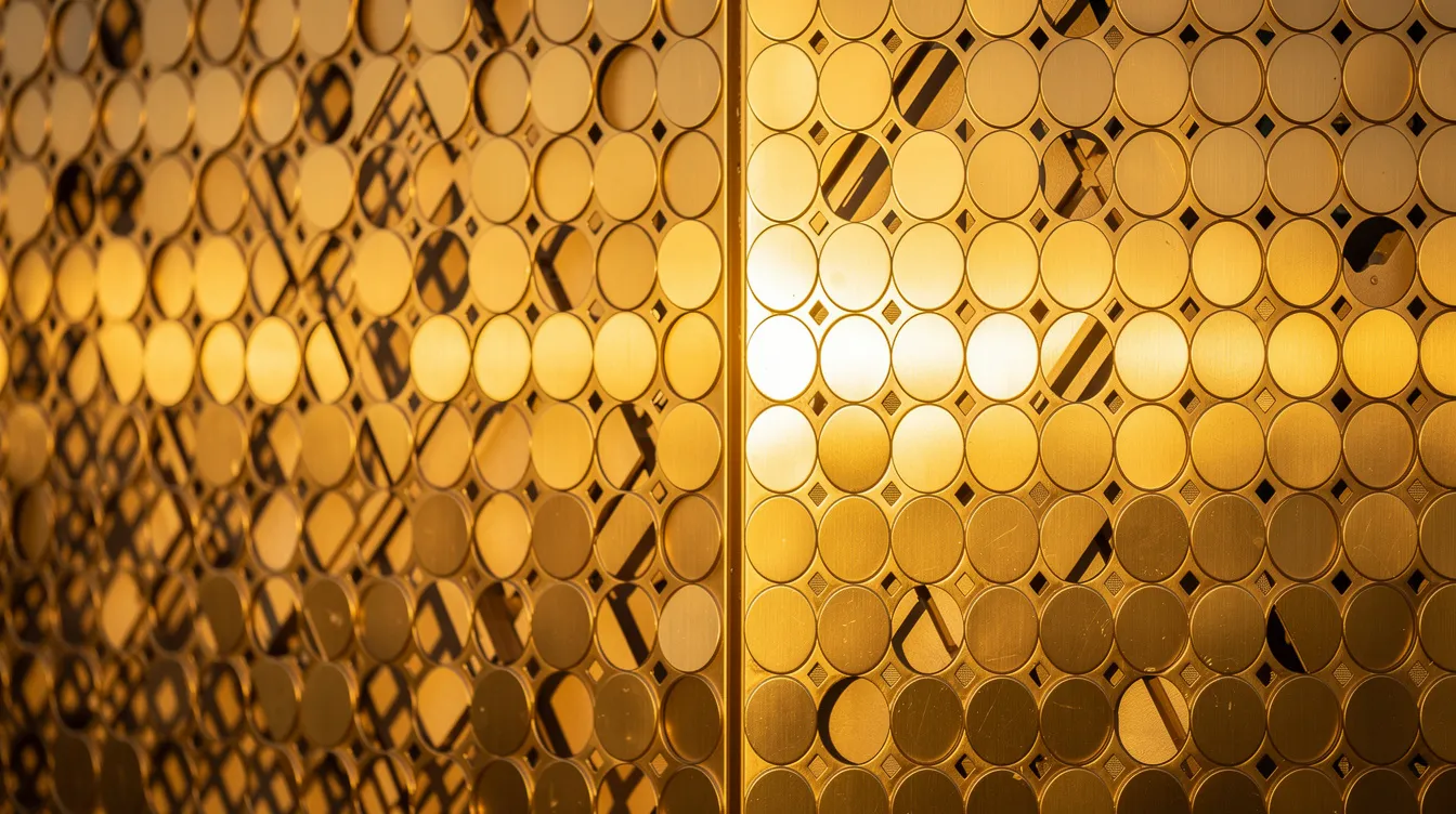 A close-up view of a modern building featuring golden metallic cladding adorned with intricate geometric circular patterns that reflect the sunlight, showcasing the innovative architecture found in Dubai. This striking design is part of the city's evolution, symbolizing both present and future Dubai.