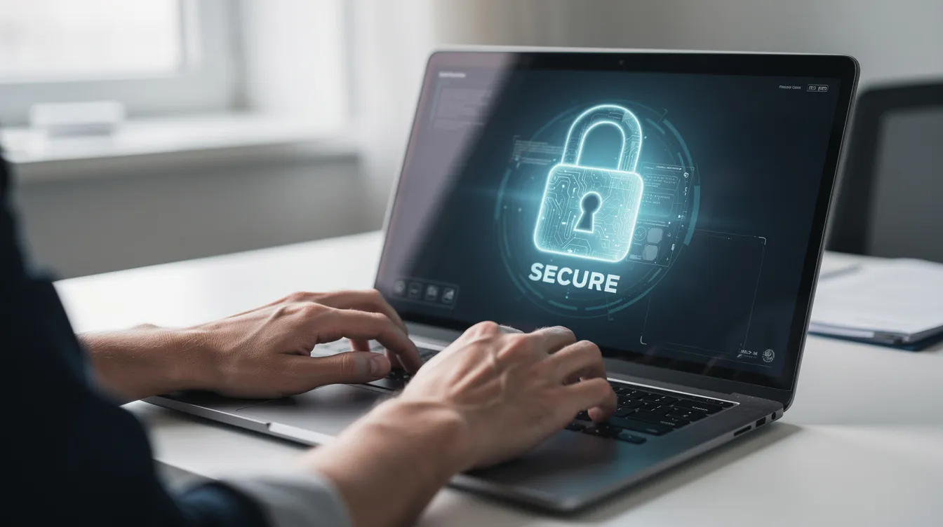 A close-up view of hands typing on a laptop in a professional environment, with a security lock icon displayed on the screen, indicating a focus on secure data management during the LMS migration process. This setting highlights the importance of a smooth transition to a new learning management system while ensuring the protection of existing LMS data. A close-up view of hands typing on a laptop in a professional environment, with a security lock icon displayed on the screen, indicating a focus on secure data management during the LMS migration process. This setting highlights the importance of a smooth transition to a new learning management system while ensuring the protection of existing LMS data.